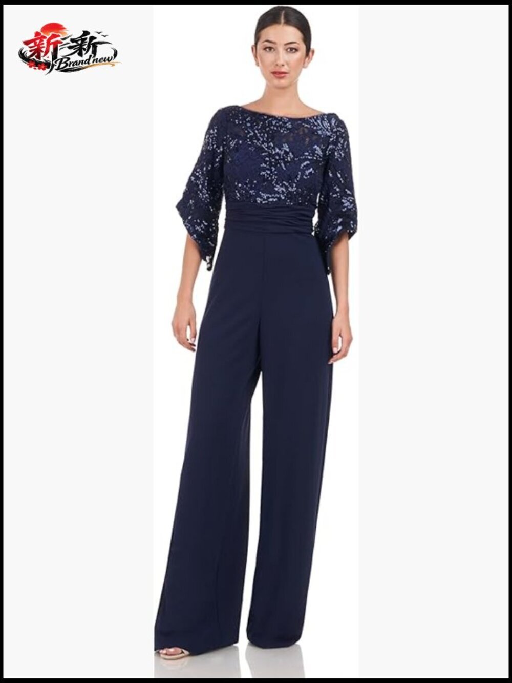 Nylon Spandex Jumpsuit with Floral Sequin Lace Bodice and Flutter Sleeves